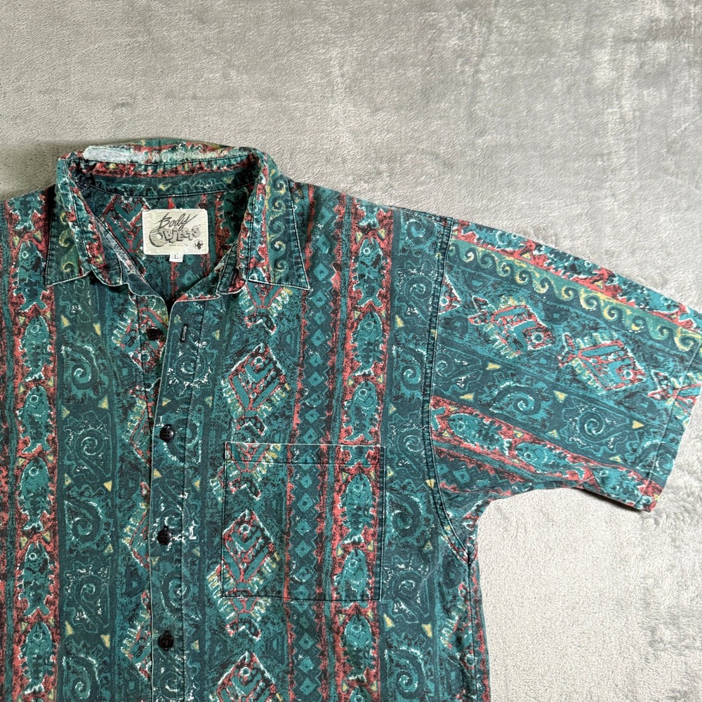 VTG Body Objects Men's Large Button Up Short Sleeve Shirt Teal Pattern Made USA